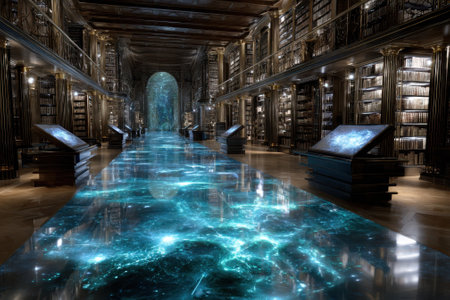 A vast library features towering bookshelves and a luminous cosmic floor reflecting celestial designs.の写真素材
