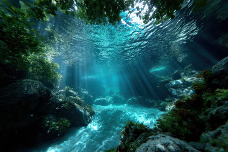 Clear waters illuminate the underwater landscape, showing vibrant plants and serene light rays in depth.の写真素材