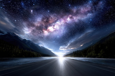 Starlit sky showcases the Milky Way above a peaceful mountain road at night, creating a serene atmosphere.の写真素材