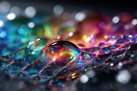 Brightly colored water droplets gather on a smooth surface, reflecting vibrant hues and creating visual art.の写真素材