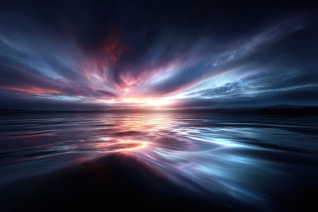 Vibrant colors burst across the sky as the sun sets, reflecting beautifully on calm waters below.の写真素材
