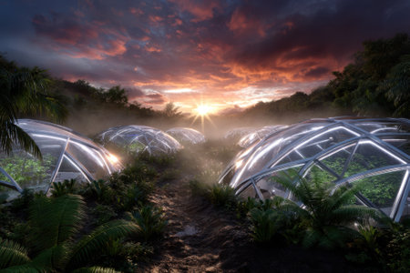 Unique domes surrounded by tropical plants glow under a stunning sunset, highlighting sustainable architecture.の写真素材