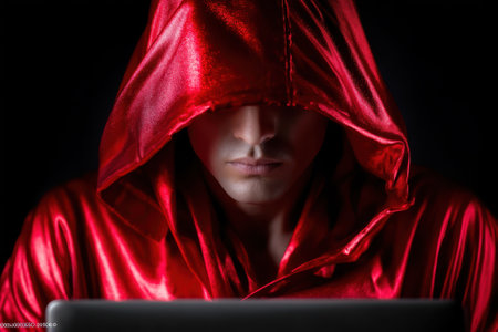 A figure wearing a red hooded cloak intensely engages with a laptop, creating an enigmatic atmosphere.の写真素材
