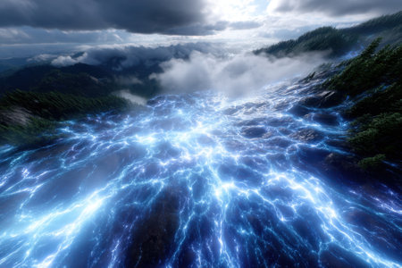 Vibrant blue lightning dances across rocky terrain under dark storm clouds in a mountain landscape.の素材