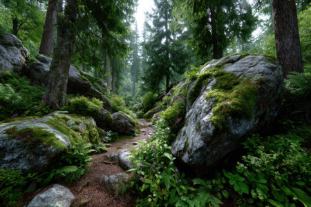 A serene forest setting features towering trees and a winding path among mossy rocks and lush plants.の写真素材
