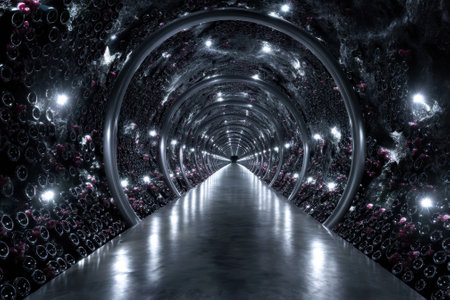 A mesmerizing tunnel showcases glowing lights and complex patterns, creating a surreal atmosphere of exploration.の写真素材