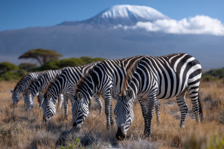 A group of zebras is grazing peacefully in the grasslands with the majestic Mount Kilimanjaro nearby.の写真素材