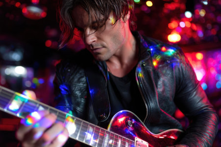 Musician captivates audience with a passionate guitar performance surrounded by vibrant lights.の写真素材