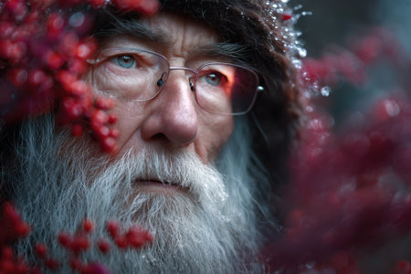 A wise elderly man with a long white beard and glasses gazes thoughtfully among frozen red berries in winter.の写真素材