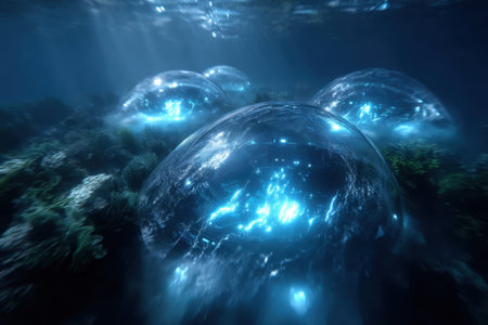 Glowing blue bubbles float above a vibrant coral reef, illuminated by sunlight filtering through water.の写真素材