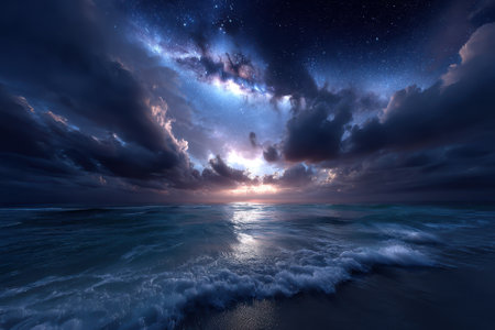Vast ocean stretches towards the horizon, reflecting twilight colors in the sky filled with stars and clouds.の写真素材