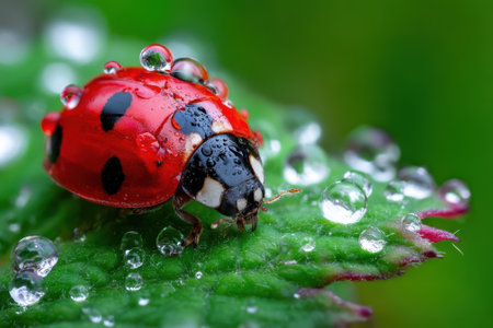 A ladybug with a striking red shell and black spots sits on a green leaf adorned with glistening dew drops.の写真素材