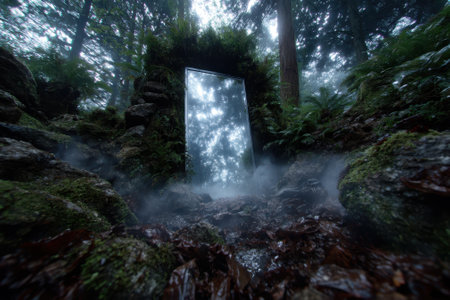 A mysterious mirror stands in an enchanting forest, partially shrouded in fog and surrounded by vibrant foliage.の写真素材