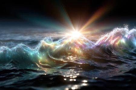 Waves at dawn shimmer with vibrant colors as sunlight breaks through, creating a magical ocean view.の写真素材
