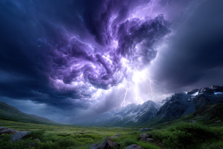 A powerful thunderstorm engulfs the mountain landscape, showing swirling purple clouds and vivid lightning.の写真素材