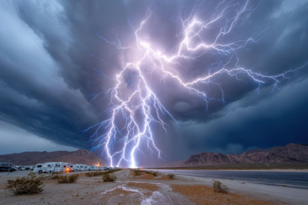 A dramatic storm unfolds in the desert as vivid lightning pierces the dark clouds, creating an electrifying atmosphere.の写真素材