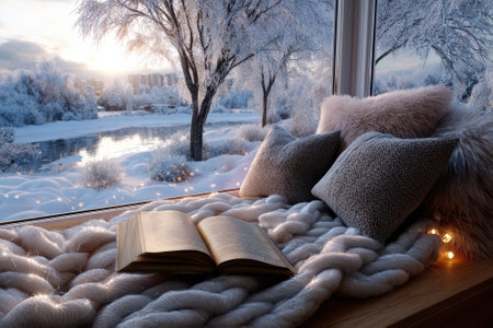 An inviting spot with plush cushions and a warm blanket, overlooking a serene snowy landscape at dawn.の写真素材