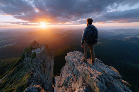A person gazes at the vibrant sunset from a high rocky outcrop, surrounded by mountains and nature.の写真素材