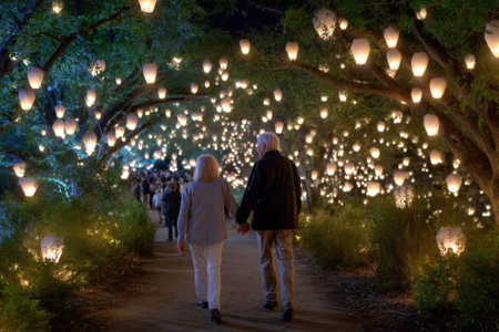A couple walks through a beautifully lit garden filled with lanterns during an evening celebration.の写真素材