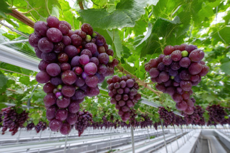 Lush green vines support clusters of ripe purple grapes ready for harvest inside a well-lit greenhouse.の写真素材