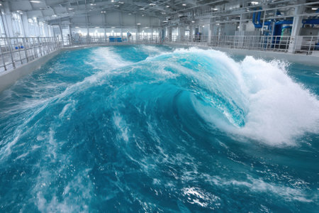 Surfers practice on powerful waves in a controlled indoor facility filled with clear blue water.の写真素材