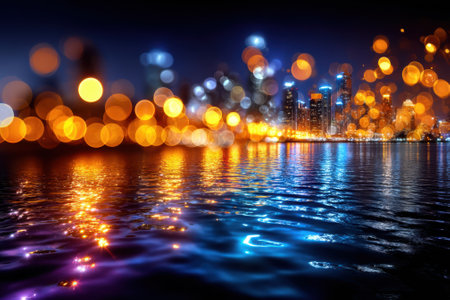 City lights shimmer across the water surface at night, creating a beautiful bokeh effect and vibrant colors.の写真素材