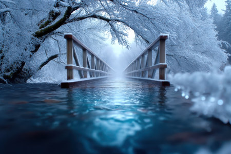 A wooden bridge stretches over still water surrounded by snow-covered trees on a quiet winter day.の写真素材