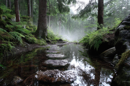 A serene forest stream flows gently with stepping stones surrounded by vibrant ferns, shrouded in morning mist.の写真素材