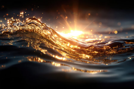 Sunlight sparkles on the surface of ocean waves at dawn, creating a dazzling golden display over the water.の写真素材