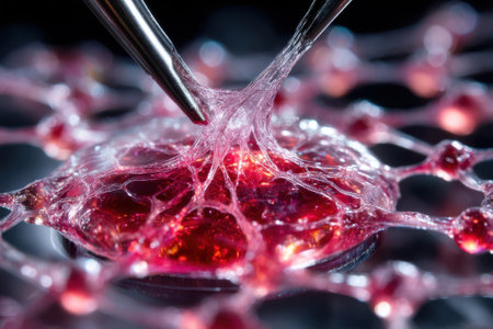 Two tweezers grasp a gelatinous material, showing its structure and unique properties in a lab setting.の写真素材