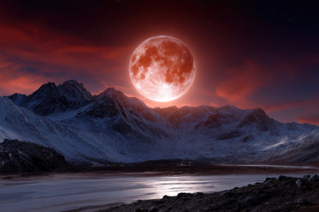 A vibrant moon rises above jagged peaks, illuminating the snowy landscape as colors change at dusk.の写真素材