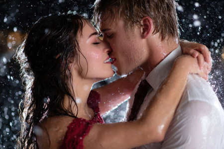 A couple hugs and kisses passionately in the rain, enjoying a moment of connection and romance.の写真素材