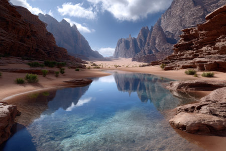 Dawn breaks over a serene desert valley, where mountains reflect in calm waters surrounded by sand and greenery.の写真素材