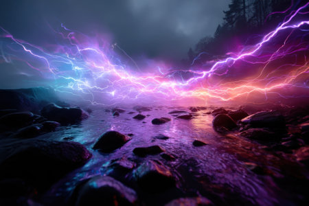 Vibrant bolts of lightning streak across the stormy sky, reflecting off the water and rocks below at night.の写真素材