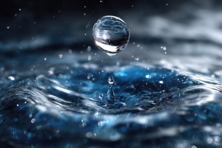 A water droplet falls, splashing into a serene blue surface, sending ripples outward in daylight.の写真素材