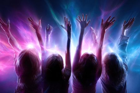 A group of people raise their hands in excitement during a lively celebration under colorful lights.の写真素材