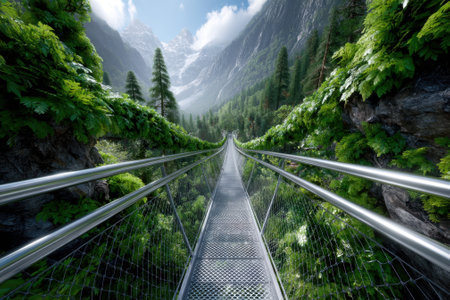 A suspension bridge connects two sides of a verdant valley, surrounded by towering trees and mountains.の写真素材
