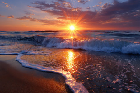 A stunning sunset lights up the sky with vibrant colors as waves roll onto the beach, creating a beautiful view.の写真素材
