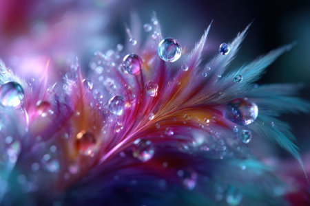 Vibrant colors and shimmering droplets create a stunning display of feather-like textures in this close-up.の写真素材