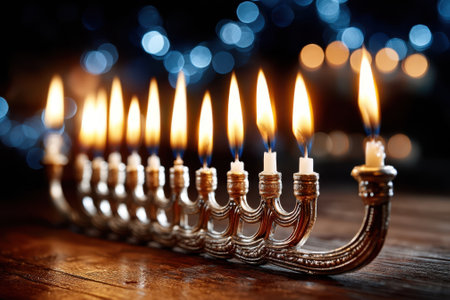 Beautiful menorah with all candles lit during Hanukkah, creating a warm glow against a dark background.の写真素材