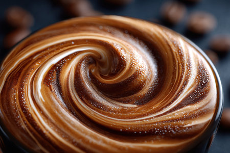 A glass bowl filled with creamy chocolate swirl sits among coffee beans, creating a rich visual contrast.の写真素材
