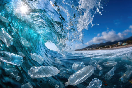 A powerful ocean wave crashes as plastic bottles float on the surface, showing marine pollution.の写真素材