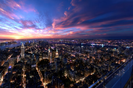 Glimpse of an illuminated city skyline during twilight as the sun sets, casting vibrant colors in the sky.の写真素材