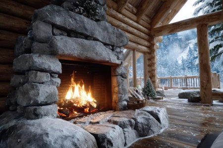 A warm fire crackles in a stone fireplace inside a rustic log cabin surrounded by snow-covered trees.の写真素材