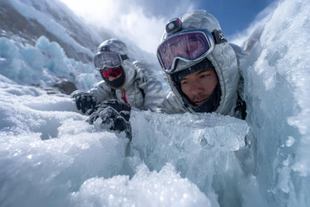 Two climbers in insulated gear carefully make their way through intricate ice structures in a glacier.の写真素材