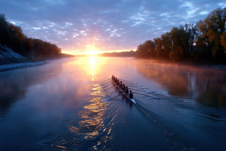 Early morning rowers navigate a serene river as the sun rises, casting golden light on the misty water.の写真素材