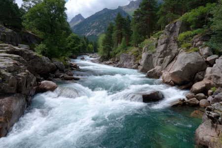 Swift river currents glide over smooth stones beneath a canopy of green trees in a mountainous area.の写真素材