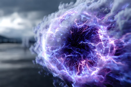A swirl of vibrant energy with purple hues emerges on a sunny day, surrounded by clouds.の写真素材