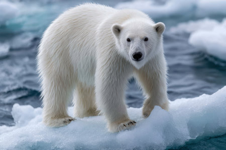 Polar bear explores the icy landscape of the Arctic Ocean, showing its thick white fur under bright sunlight.の写真素材