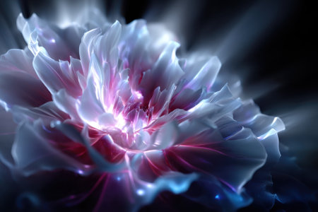 A luminous flower radiates shades of pink and blue, surrounded by a mystical glow and light effects.の写真素材